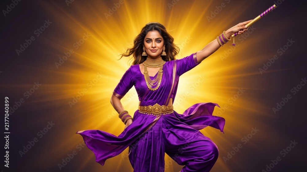 Fototapeta premium Indian Woman in Purple Fusion Lehenga – Powerful Dandiya Pose. 