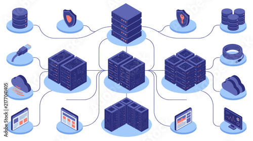 Foto Industrial of Modern Data Center Network with Servers Security Shields Clouds an