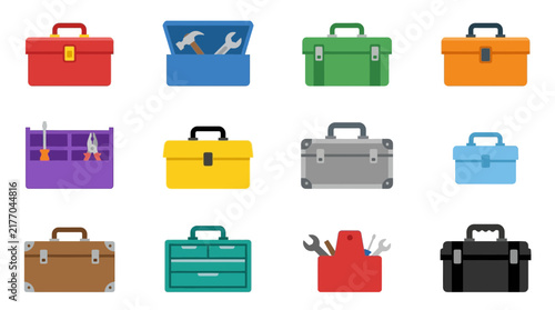 Set of Colorful Toolboxes and Work Equipment Icons