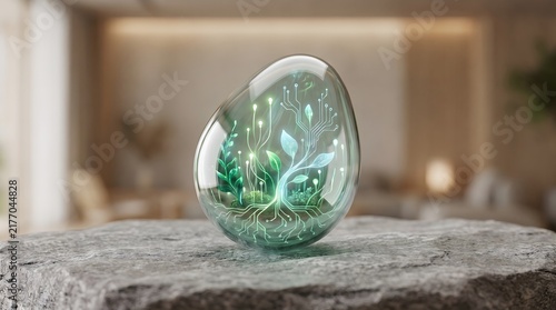 Futuristic Glowing Bio-Technology Plant Inside Glass Egg Concept of Sustainable Green Energy and Innovation