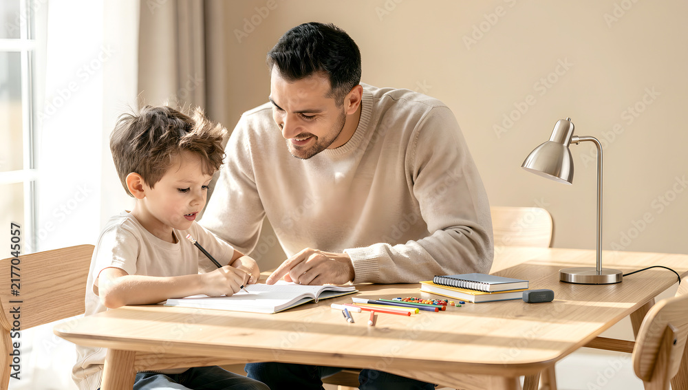 Obraz premium Attentive father assisting his young son with writing homework at a wooden desk at home