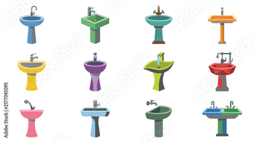 Set of Colorful Isometric Bathroom Sink Icons