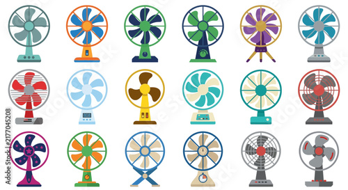 Set of Colorful Electric Desk Fans Vector Icons