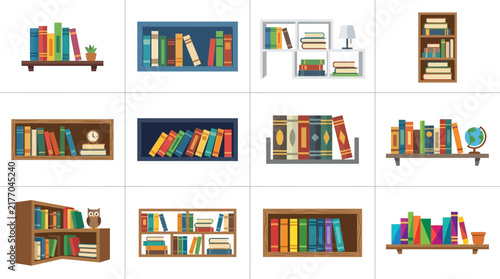 Set of cartoon bookshelves with colorful books and decor