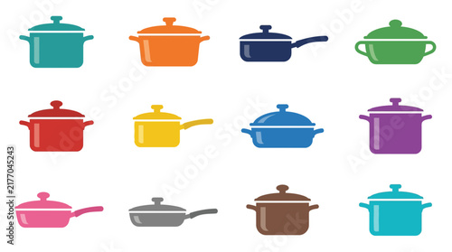 Set of Colorful Cooking Pots and Pans Vector Icons
