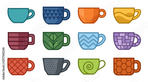 Set of Colorful Decorative Coffee Mugs and Tea Cups