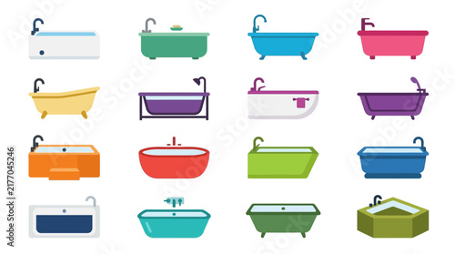 Set of Colorful Bathtub Icons in Flat Vector Style