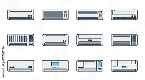 Set of Air Conditioner Unit Icons in Flat Design Style