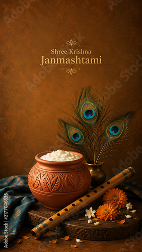Krishna janmashtami celebration with lord krishna symbols featuring decorated butter pot wooden flute peacock feathers flowers and traditional festive cultural background design