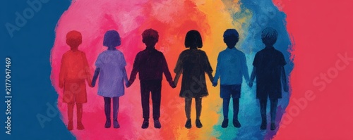 Watercolor Illustration of Six Children Holding Hands in Front of Vibrant Colorful Circle Representing Unity and Friendship