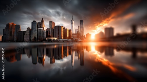 Breathtaking view of a modern city skyline with towering skyscrapers reflected in the calm waters at sunset creating a dramatic and scene