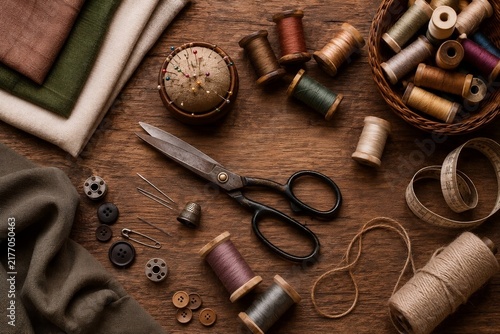 Vintage Sewing and Tailoring Equipment Concept Flat Lay on Wooden Table