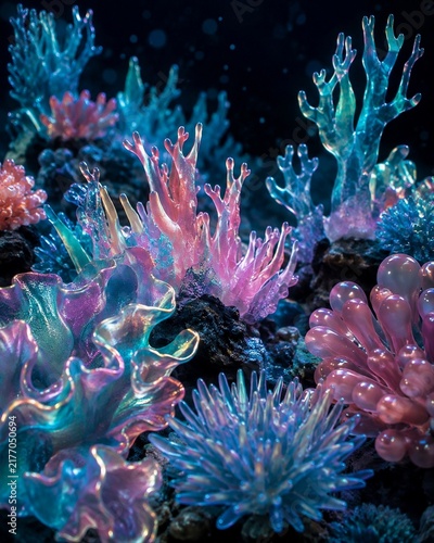 3D Glowing Bioluminescent Glass Coral Reef Undersea Neon Marine Life Background
