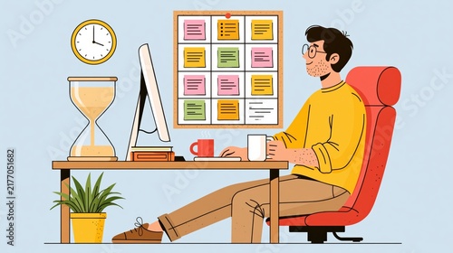 Man with ADHD uses visual timer and color-coded tasks for remote work productivity