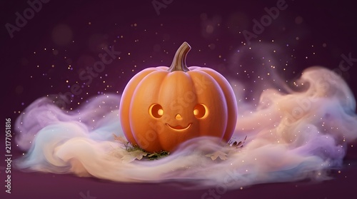 A cute halloween pumpkin with a glowing face sits surrounded by magical purple and white smoke on a dark background