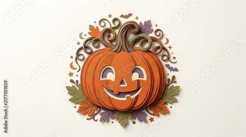 A charming and cute halloween pumpkin illustration featuring festive autumn leaves and decorative swirls on a clean white background