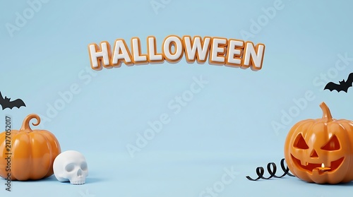 Halloween background with carved pumpkins skull and bats on a light blue surface with copy space