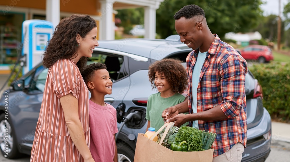 Naklejka premium Diverse family loading groceries while their electric car charges at a rural station