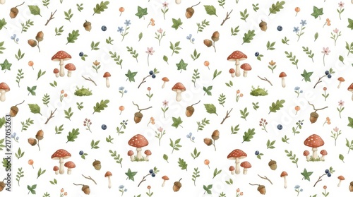 Watercolor autumn forest seamless pattern with mushrooms acorns and leaves