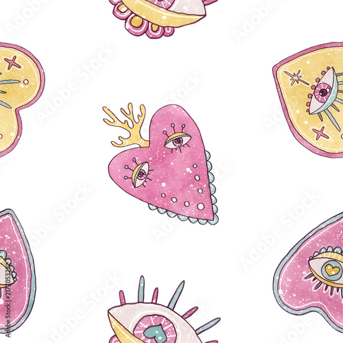 Watercolor Seamless esoteric pattern with pink sacred hearts, surreal evil eyes and magical elements isolated on white background. Boho hand drawn design for textile, wrapping, girly stationery print