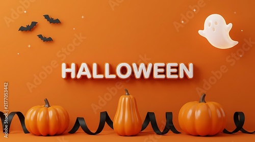 Festive halloween background with pumpkins bats and a cute ghost on an orange surface for seasonal celebration