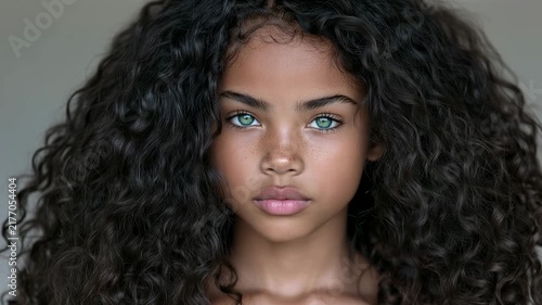 Portrait of a young Black girl with striking green eyes, freckles and long voluminous dark curly hair looking directly at the camera