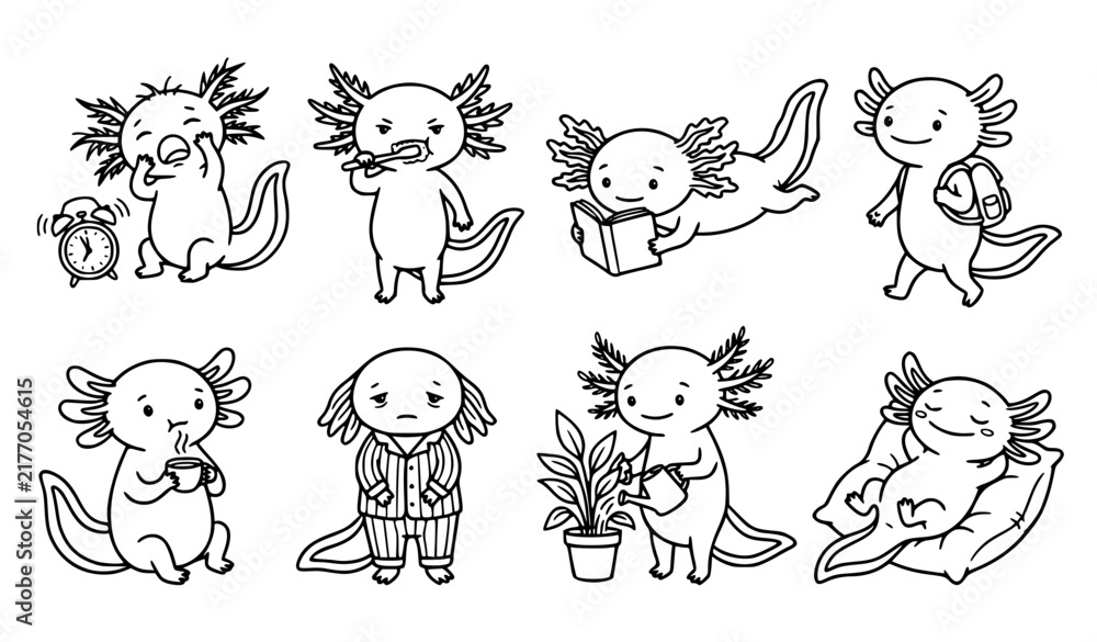 Fototapeta premium Cute Axolotl Daily Routine Outline Doodle Sticker Black Line Vector Collection
