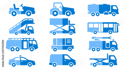 Set of Flat Airport Ground Support Equipment and Maintenance Service Vehicles Icons in Blue Color