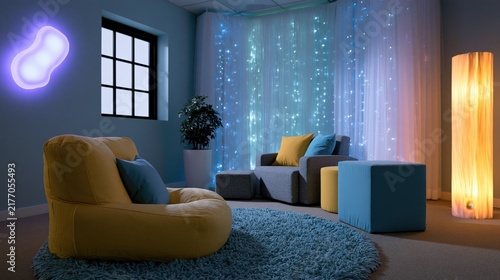 Calming sensory room with soft lighting and comfortable seating for relaxation