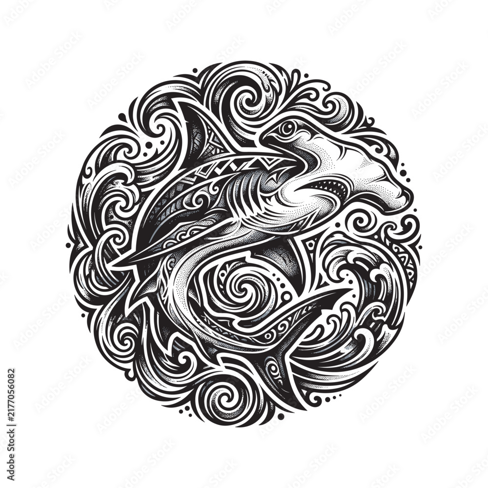 Fototapeta premium Hammerhead shark tattoo surrounded by swirling ocean waves and bold ornamental patterns, creating a dynamic marine design symbolizing strength, freedom, movement, and resilience
