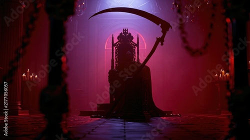Dark red throne room with scythe statue