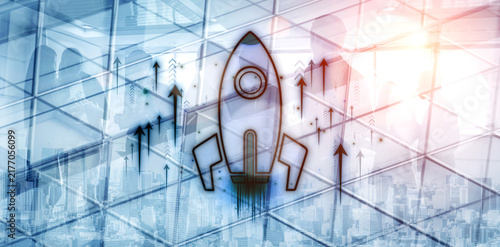 Bild auf Leinwand Futuristic Business Growth Concept with Rocket Launching Against City Skyline an
