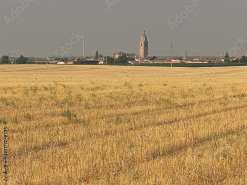Matapozuelos. Golden Harvest Field With Distant Village And Church Tower On A Calm Rural Landscape