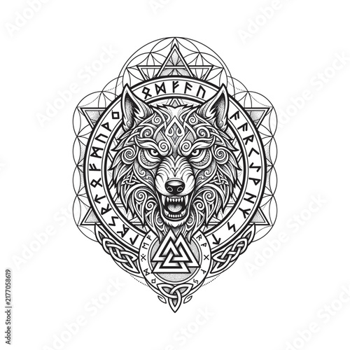 Photography Bold blackwork Norse wolf tattoo framed by runic symbols, sacred geometry, and C