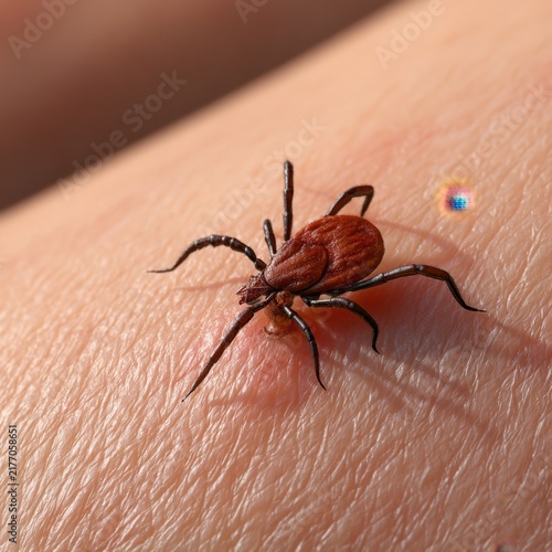 Detailed macro shot of a brown tick attached to human skin highlighting the texture and tiny legs on a natural skin background