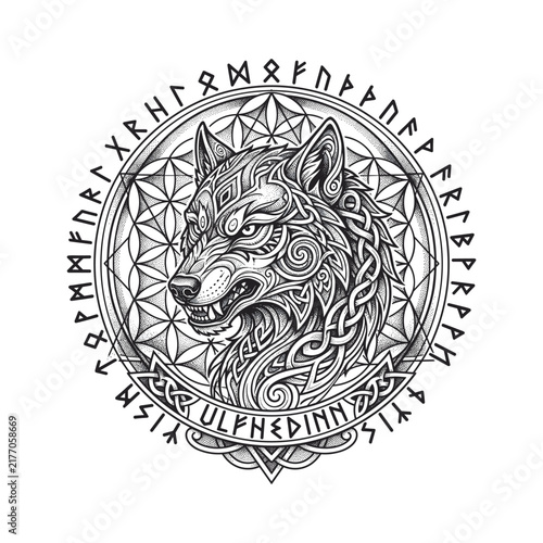 Canvas Print Bold blackwork Norse wolf tattoo framed by runic symbols, sacred geometry, and C