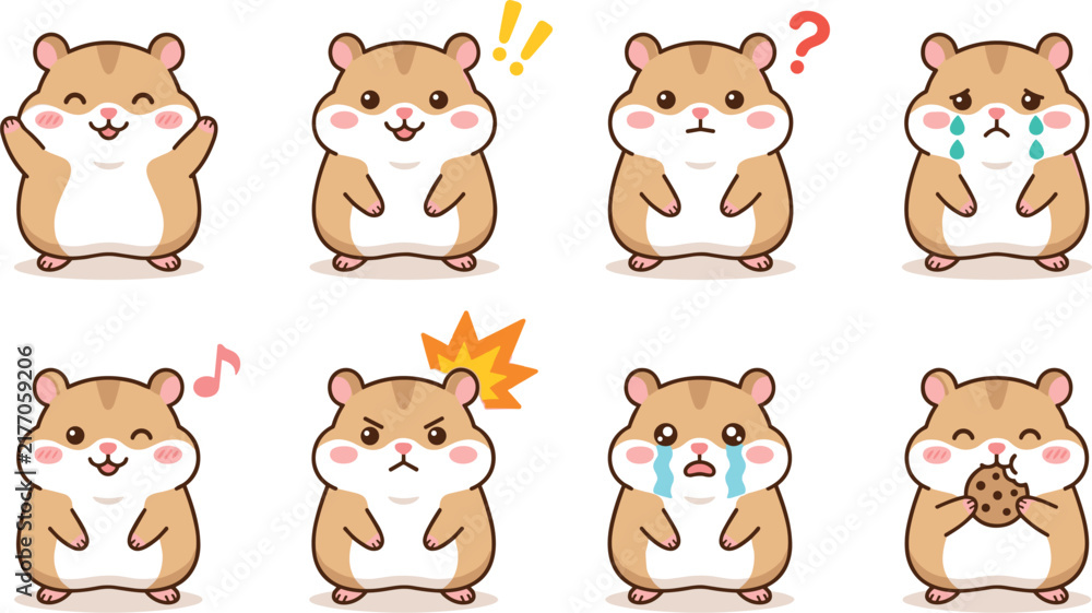 Fototapeta premium Cute Hamster Face Expressions Sticker Icons Set, Kawaii Brown and Cream Rodent Emoji and Domestic Pet Avatar Vector Flat Symbols