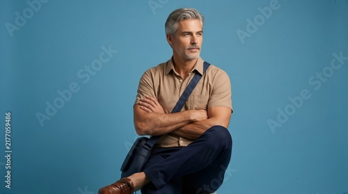 Obraz w ramie Stylish mature man sitting against blue background