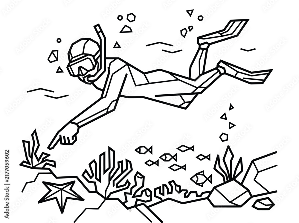 Fototapeta premium Geometric line art of diver exploring underwater coral reef with fish and sea life