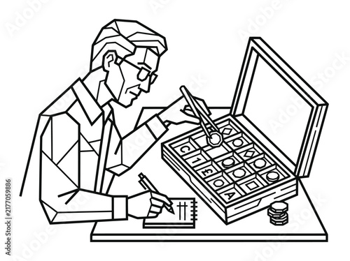 Geometric line art of a man examining coins in a display case with tools and notebook