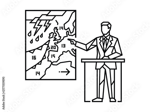 Weather forecaster presenting storm map with temperature and precipitation indicators