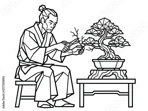 Geometric line art of person trimming bonsai tree in traditional attire