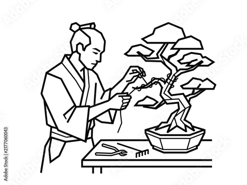 Line art of person pruning bonsai tree with tools on table