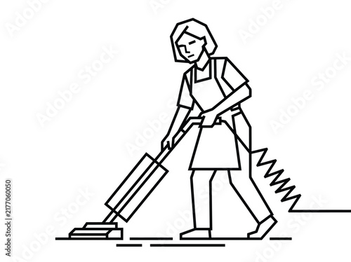Woman using vacuum cleaner in apron, simple line drawing of cleaning activity