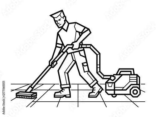 Man using vacuum cleaner on tiled floor, cleaning service worker in action
