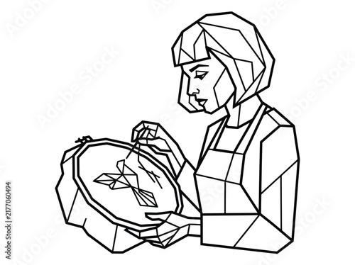 Geometric line art of a woman embroidering with a needle and hoop