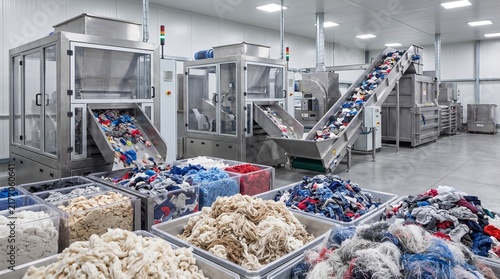 Industrial sorting machines processing plastic waste and colorful materials in a modern recycling facility plant