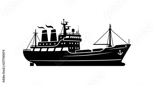 Obraz na plátně Cargo ship with detailed superstructure is presented as a black silhouette