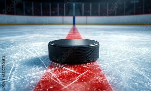 Professional ice hockey puck on rink ice with red line markings  