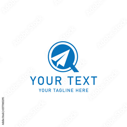 Blue paper plane search logo template, magnifying glass vector icon, editable corporate symbol design, search agency visual identity with text area
